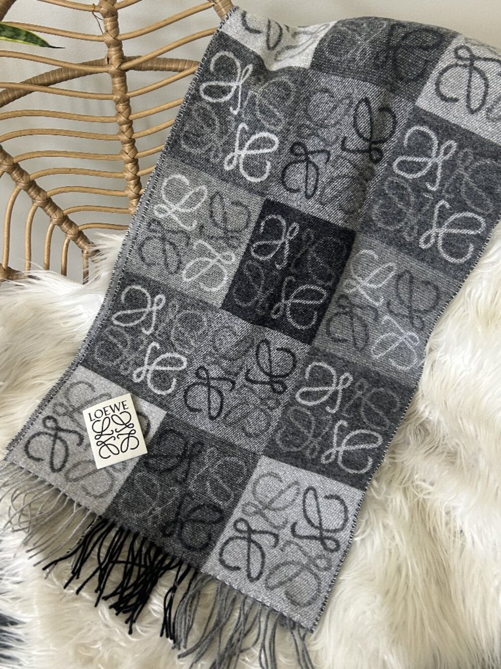 Loewe Anagram Wool & Cashmere Scarf  in Black and Gray